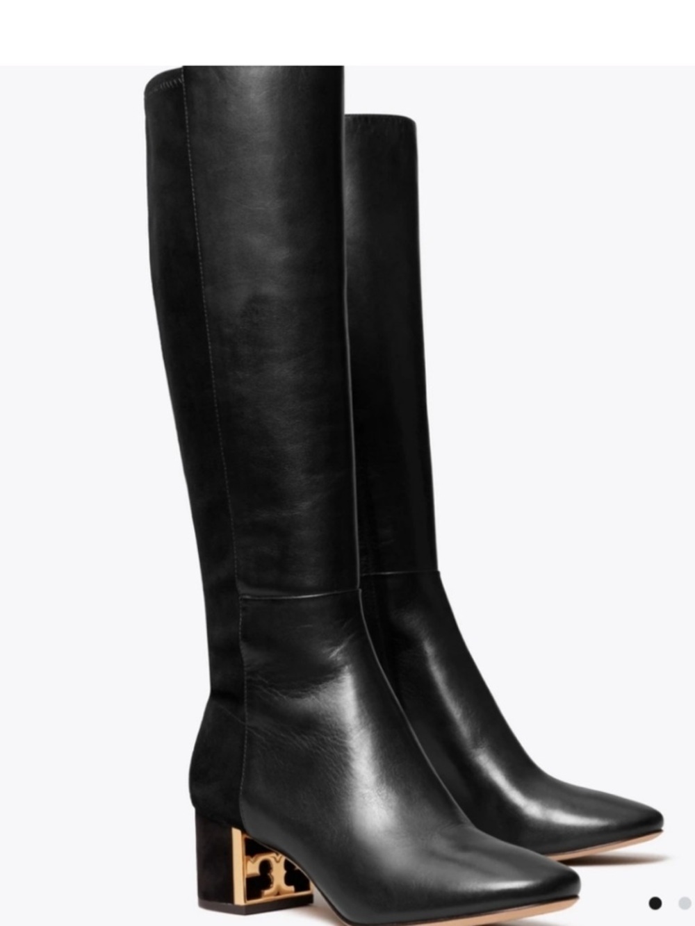 Tory Burch Gigi Black Leather Knee High Boots Gold Heel Pointed Toe